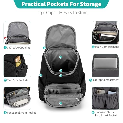 NOL Natural Organic Lifestyle Women's Quilted Puffer Backpack, Large Waterproof Lightweight Puffy Bookbag, Carry on Daypack for Travel, Work (Black) - color: Black