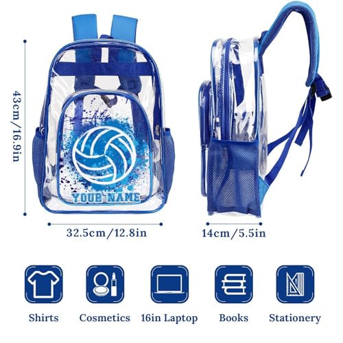 Custom Volleyball Clear Backpack Heavy Duty for Girls Kids Boys | Large Cool PVC Volleyball Theme Printing Transparent Backpacks for Schools Stadium Concerts Work - Clear/Blue - color: Volleyball Clear Backpack 2 Blue With Front Pocket Custom