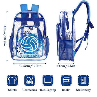 Custom Volleyball Clear Backpack Heavy Duty for Girls Kids Boys | Large Cool PVC Volleyball Theme Printing Transparent Backpacks for Schools Stadium Concerts Work - Clear/Blue - color: Volleyball Clear Backpack 2 Blue With Front Pocket Custom