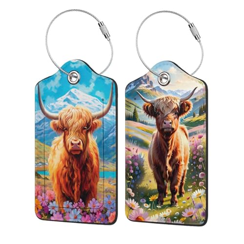2 Pack Highland Cow Luggage Tag for Suitcase, Cute Unique Leather Bag Tags Identifiers Privacy Cover ID Label with Durable Steel Loop for Women Men Kids Girls Travel, Cattle - color: Cattle Cow Highland