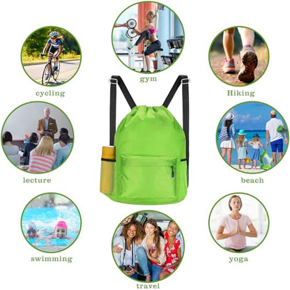 Waterproof Drawstring Bag, Lightweight String Backpack with Water Bottle Holder and Pockets, Gym Sports Cinch Sackpack (Green) - color: Green