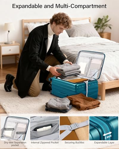 Hanke 26 Inch Expandable Luggage Top Opening Checked Bag Luggage Hard Shell Suitcases with Wheels Lightweight Travel Luggage Heavy Duty Luggage Suitcase with Lock for Woman Men-Caribbean Blue - color: Caribbean Blue, size: 26 Inch Expandable