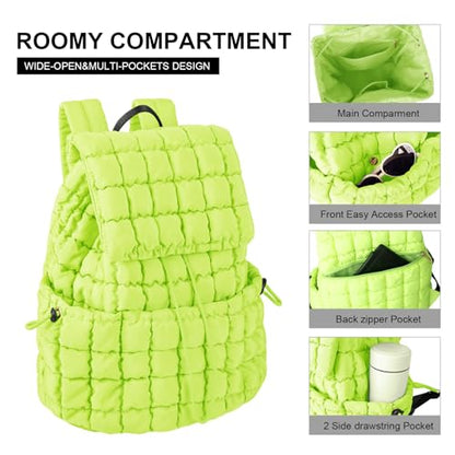 XSUIOY Quilted Backpack Purse for Women Small Lightweight Puffer Puffy College Laptop Backpack Nylon Casual Bookbag Daypack Top Flap Drawstring Padding Hiker Travel Gym Backpack(Green) - color: Green