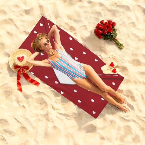 Valentines Day Red Hearts Beach Towel, Romantic Wedding Anniversary Lightweight Bath Towels, Quick Dry Absorbent Microfiber Swim Yoga Pool Beach Accessories, 30x60 Inch/ 77X153cm - color: Red Hearts