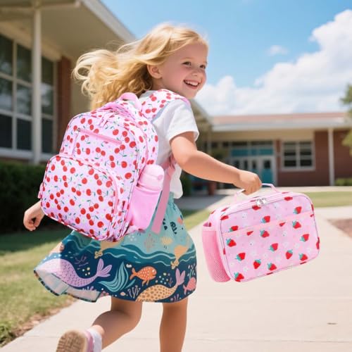 RHCPFOVR Kids Backpack for Girls - Girls Backpack 3-8 Ages Cherry for Kids 15 Inch School Bookbag for Kindergarten Elementary School Bookbag for Girl 1st 2nd Grade - style: Pink Cherry
