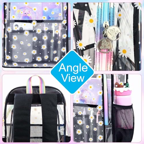 gxtvo 3PCS Girls Clear Backpack Heavy-Duty Set for Women & Teen, 17" Black Transparent Bookbag with Rainbow Strap, Cute Chrysanthemum See Through School Bag - color: Black Chrysanthemum Clear Backpack Set