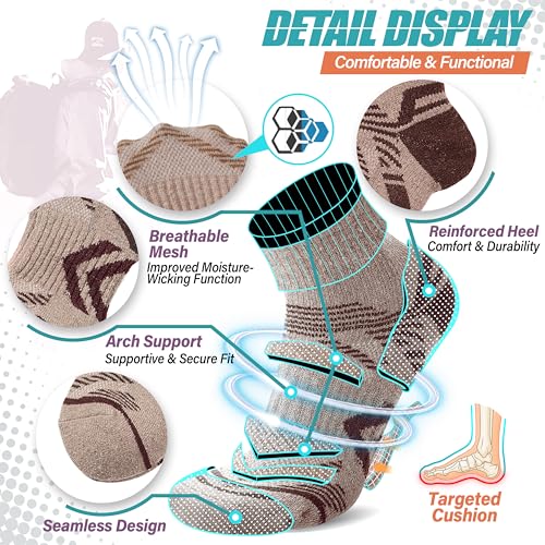 ANTSANG 6 Pairs Merino Wool Quarter Ankle Hiking Running Socks Compression Thermal Thick Cushion Socks for Women Men - color: Brown Combination, size: Medium