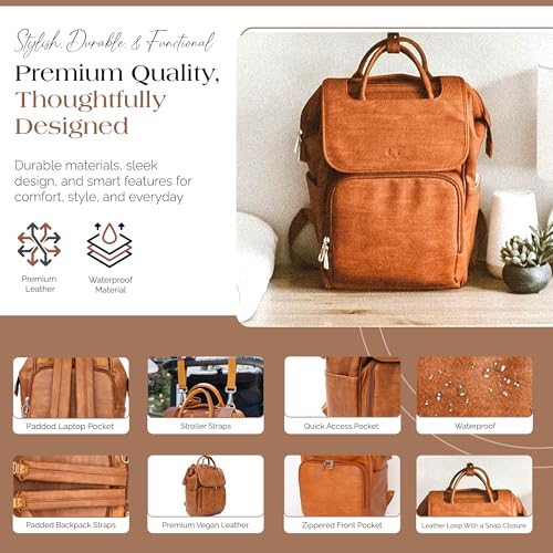 Citi Collective Explorer Brown Diaper Bag Backpack - Vegan Leather Diaper Bag with Shoulder Strap, Insulated Bottle Pockets, Changing Pad, Stroller Clip- Versatile Diaper Bag for Baby - color: Brown