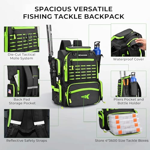 KastKing Bait Boss Fishing Tackle Backpack with Rod Holders-4 Tackle Boxes-Rain Cover,Storage for Fishing Gear - color: C: Grass Green