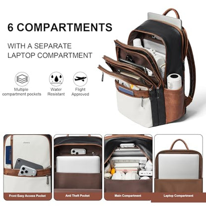 Shrrie Leather 17 inch Laptop Backpack for Women, Large Travel Backpack Purse for Casual Daypack College Work Bag - color: Black With Brown and White