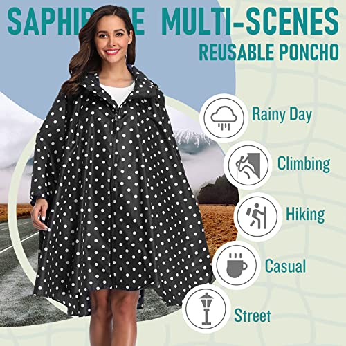 SaphiRose Unisex Rain Poncho Waterproof Raincoat Hooded for Adults Women with Pockets - color: Black Point