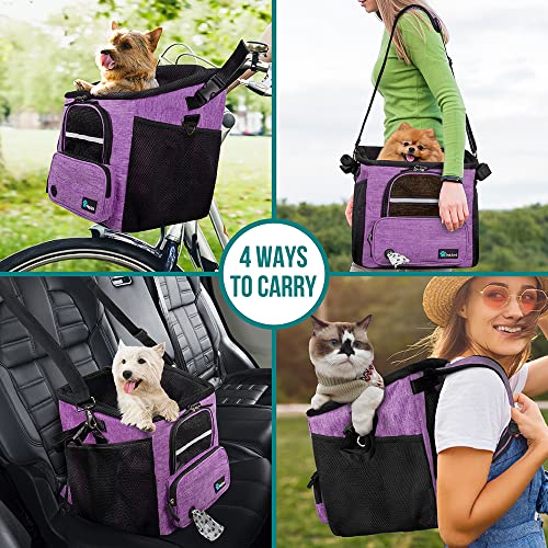 PetAmi Dog Bike Basket, Soft-Sided Ventilated Dog Bike Carrier Backpack, Pet Bicycle Basket for Bike Handlebar, Small Medium Puppy Cat Kitten Car Booster Seat with Safety Strap, Max 18 lbs, Purple - color: Purple