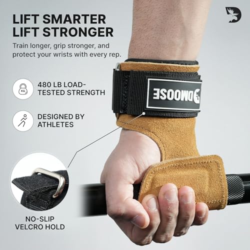 DMoose Fitness Weight Lifting Hooks (Pair) for Deadlifts, Pull Ups, Rows & Shrugs - Anti-Rip Nylon Strap Hand Grips with Thick Wrist Padding - Heavy Duty Wrist Straps for Weightlifting & Gym Workouts - color: Brown Lifting Grip