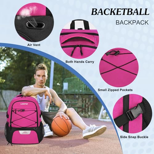LARIPOP Basketball Backpack Large Basketball Bag with Ball Holder & Shoe Compartment for Adults Men Women - color: Pink
