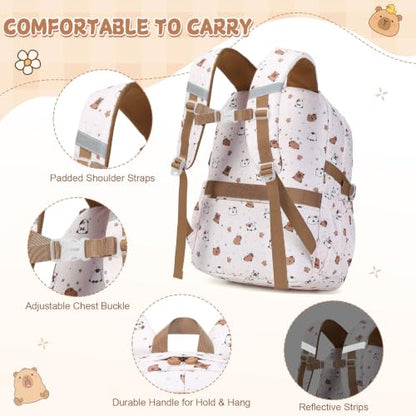 Capybara Theme Backpack for School Girls, 35PCS Kids Backpack Set with School Supplies Stationery Kit Lunch Box Pencil Case, Cute Girls Bookbag for Kindergarten Elementary Student - color: Beige