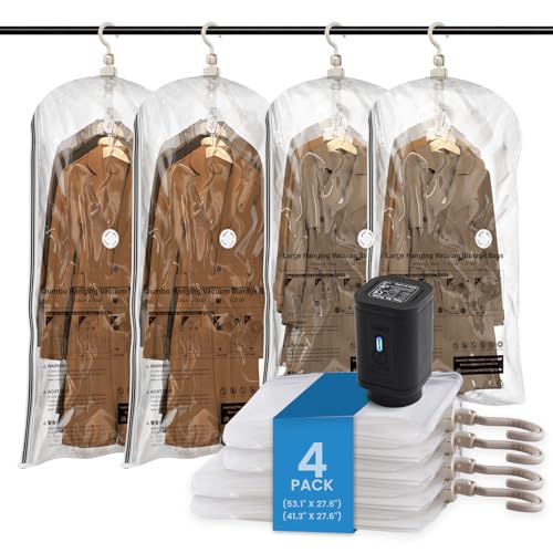 TAILI Hanging Vacuum Storage Bags with Electric Air Pump, Vacuum Seal Bags for Clothing Travel, Space Saving Hangers for Clothes, Coats, Suits and Jackets, Set of 4(2 Long, 2 Short) - color: Sheer, size: 4 Combo
