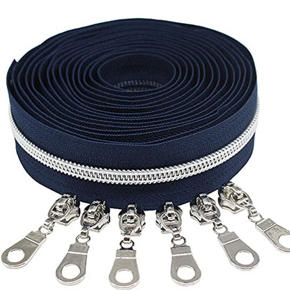 MebuZip #5 Silver Metallic Nylon Coil Zippers by The Yard Bulk Coil Zipper Roll 10 Yards with 25pcs Pulls for DIY Sewing Craft Bags (Navy Blue) - color: Silver Navy Blue
