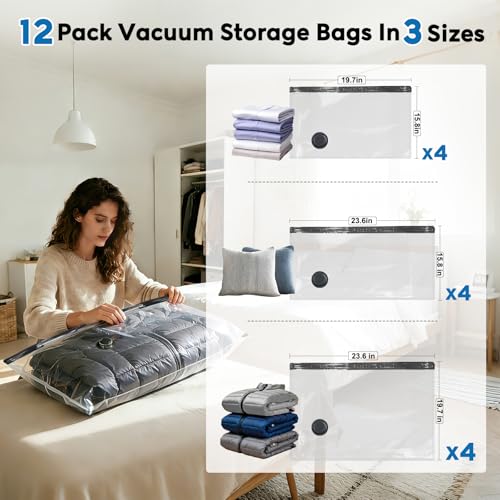 Mapambo Vacuum Seal Bags for Clothing Travel with -60000Pa LED Pump, 12 Pack Travel Cordless Vacuums Bag Set with Pump in 3 Combo Sizes. Vacuums Storage Bags for Clothes (12 Combo) - size: 12 Combo