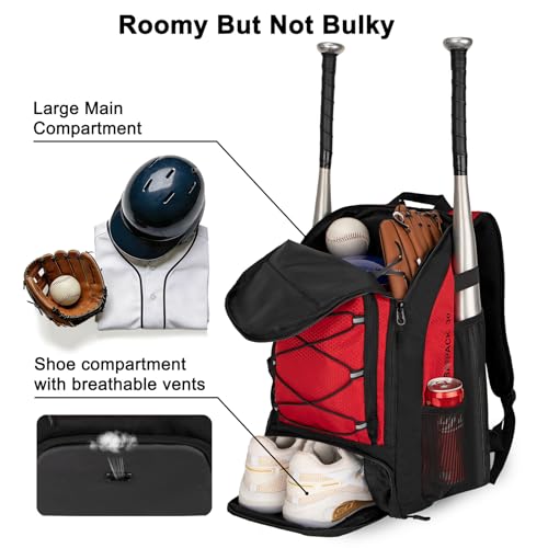 Goloni 40L Baseball Bag, Softball Bat Bag with Shoes Compartment,Fence Hook,Backpack for Baseball, T-Ball & Softball Equipment & Gear - color: Red