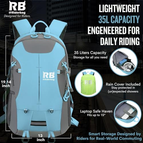 riderbag Reflective Motorcycle Backpack, Hi Viz Commuter Riding Bag | Designed by Riders for Everyday Rides with Laptop Compartment and Helmet Net. Built to Help You Be Seen. - color: Light Blue