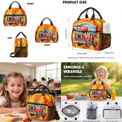 Talayituse Fire Truck Print School Bag Backpack Elementary School Bookbag for Boys Teens with Lunch Box Pencil Case 6 In 1 Set Middle High Schoolbag Book Back Packs for Kids - color: Fire Truck