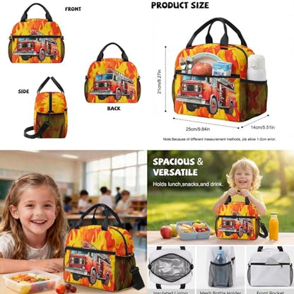 Talayituse Fire Truck Print School Bag Backpack Elementary School Bookbag for Boys Teens with Lunch Box Pencil Case 6 In 1 Set Middle High Schoolbag Book Back Packs for Kids - color: Fire Truck