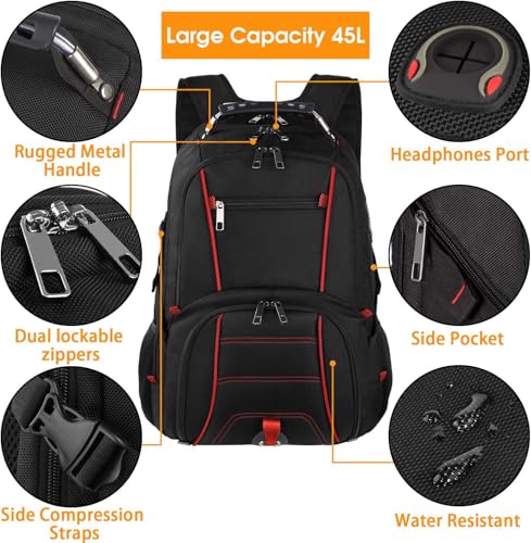LTINVECK Travel Laptop Backpack, Extra Large Backpack for Men Women, TSA Friendly Heavy Duty Big Business Computer Backpacks Bag Fit 17 Inch Laptops, RFID Backbag - color: Red