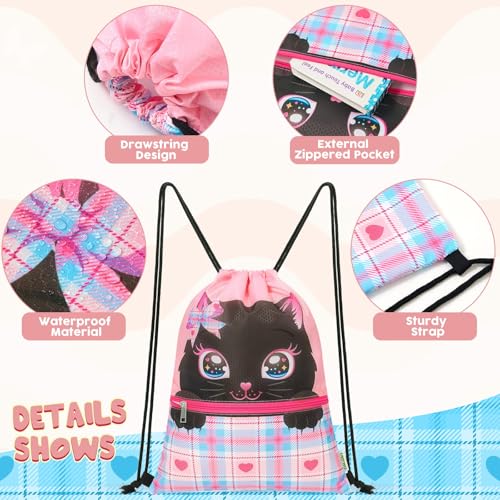 WAWASAM Kids Drawstring Backpack, Gym Swim Bag Cinch Bag for Girls Boys with Zipper Pocket - color: Cat