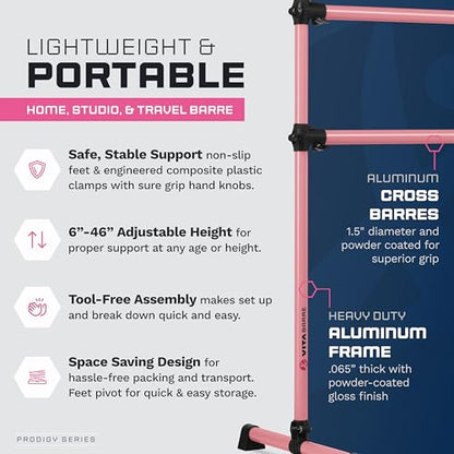VITA Barre Portable Freestanding Double Ballet Barre, Prodigy, Aluminum | Adjustable Height, USA Made, Home or Gym Exercise Equipment for Kids & Adults | Dance, Fitness, Pilates - color: Light Pink, style: 7 Ft