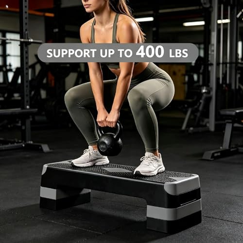 ZENY 26.5 inch Aerobic Step Platform with 4 Step Risers, Height Adjustable Exercise Stepper for Home Gym Workouts, 400 lbs Capacity - color: Grey