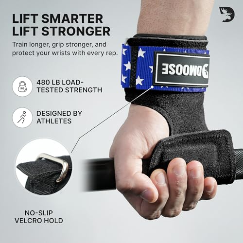 DMoose Fitness Weight Lifting Hooks (Pair) for Deadlifts, Pull Ups, Rows & Shrugs - Anti-Rip Nylon Strap Hand Grips with Thick Wrist Padding - Heavy Duty Wrist Straps for Weightlifting & Gym Workouts - color: American Lifting Grip