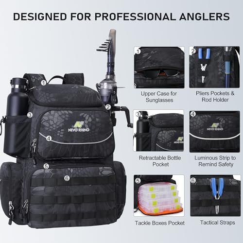 N NEVO RHINO Fishing Tackle Backpack with Rod Holders, 40L Large Fishing Bag with Waterproof Rain Cover,Outdoor Tackle Bag - color: Camouflage Black Pack with 4 Trays, size: Pack with 4 Trays