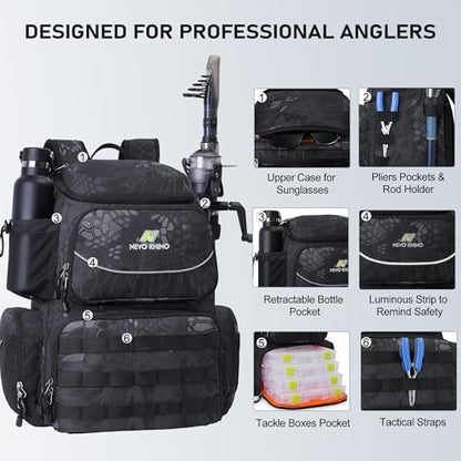 N NEVO RHINO Fishing Tackle Backpack with Rod Holders, 40L Large Fishing Bag with Waterproof Rain Cover,Outdoor Tackle Bag - color: Camouflage Black Pack with 4 Trays, size: Pack with 4 Trays