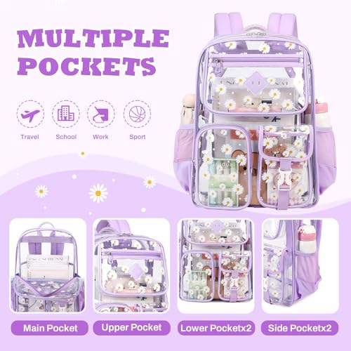 PIG PIG GIRL Clear Backpack for School,Heavy Duty PVC Transparent Bookbag for Girls Stadium Approved See Through Backpack - color: Purple Daisy