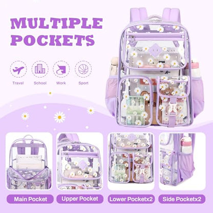 PIG PIG GIRL Clear Backpack for School,Heavy Duty PVC Transparent Bookbag for Girls Stadium Approved See Through Backpack - color: Purple Daisy
