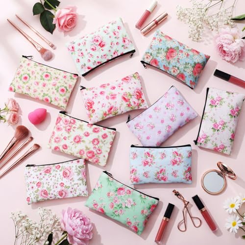 Reginary 20 Pcs Makeup Bags Gifts for Women Canvas Cosmetic Bags with Zipper Bulk Gift for Women Travel Purse Organizer Pouch Accessory, Toiletry Large Capacity, 7 x 4.3 Inch(Pink Flower) - style: Pink Flower