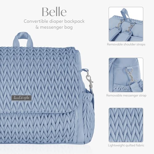 Hannah & Sophia Belle Convertible Baby Diaper Backpack & Bag in Moonmist Blue, Large Size, Dual Sided Water Resistant Changing Mat Included, Detachable Shoulder Straps, Easy To Use - color: Moonmist Blue