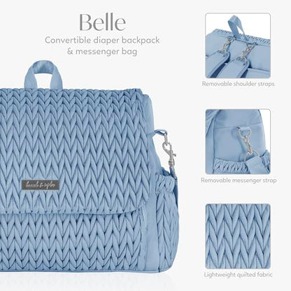 Hannah & Sophia Belle Convertible Baby Diaper Backpack & Bag in Moonmist Blue, Large Size, Dual Sided Water Resistant Changing Mat Included, Detachable Shoulder Straps, Easy To Use - color: Moonmist Blue
