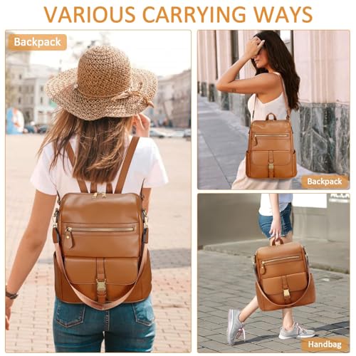 KKXIU Backpack Purse for Women - Multi-pocket Leather backpack for Travel, Work & School with Anti-Theft Lock Pocket, Luggage Strap & Water Bottle Pockets - 13x14x5.2 Inch, 1.67lb (Brown) - color: Brown