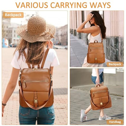 KKXIU Backpack Purse for Women - Multi-pocket Leather backpack for Travel, Work & School with Anti-Theft Lock Pocket, Luggage Strap & Water Bottle Pockets - 13x14x5.2 Inch, 1.67lb (Brown) - color: Brown
