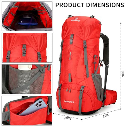 Hiking Backpack for Men and Women 70L+5L Waterproof Lightweight Camping Daypack with Rain Cover for Outdoor Travel Mountaineering - Frameless (Red) - color: Red