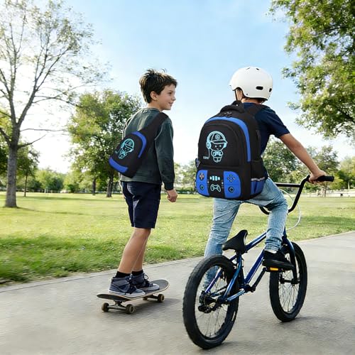 Bevalsa Backpack for School Boys, Cool Luminous Gamer Boys Schoolbag with Sling Bag,Lunch Box & Pencil Case for Kids Children Teens Elementary Middle School(Blue Backpack with Shoulder Bag) - color: Blue, style: Backpack With Shoulder Bag