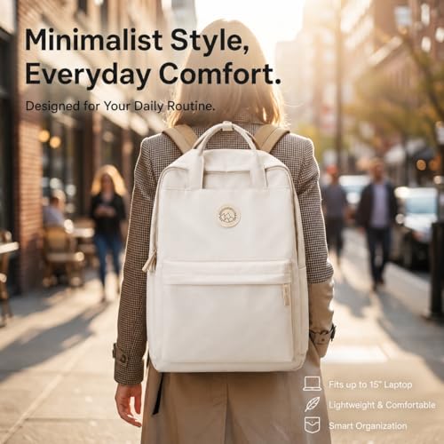 Minimalist Backpack for Women & Men, Lightweight Polyester Laptop Backpack 15 Inch, Casual Travel Daypack (White) - color: White