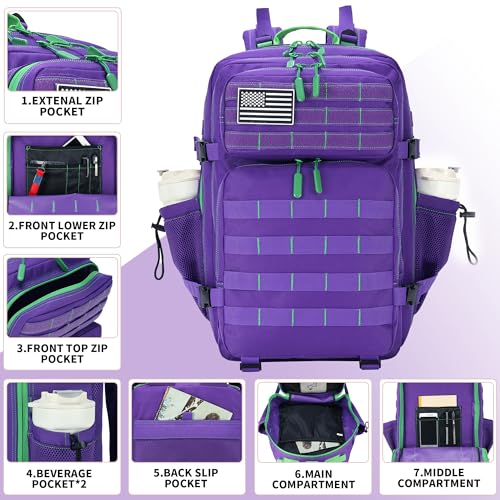 Lovelinks21 45L Tactical Assault Backpack 3 day assault pack with Molle Waterproof backpack Rucksack for Tactical Backpacks (Purple Green) - color: Purple Green