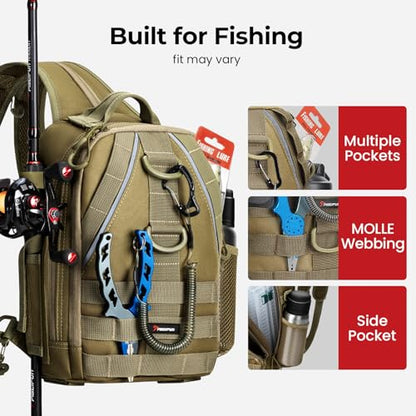 Piscifun Fishing Backpack with Rod Holder, Lightweight Sling Bag Storge Gear and Equipment - color: Khaki, size: Standard, style: Latch