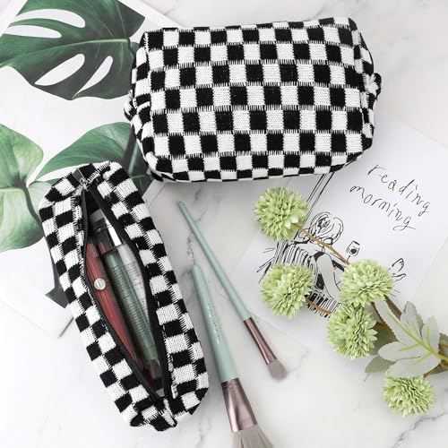 3 Pcs Makeup Bag Cosmetic Bag Set for Girls Women Checkered Travel Organizer Bathroom Toiletry Pouch Large Capacity Storage Bag (Black-White) - color: Black-White