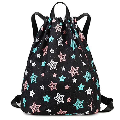 Drawstring Backpack Gym String Bag Drawstring Sackpack Sport Cinch Bag For Womens Girls Mens Stars Black - color: Star Black