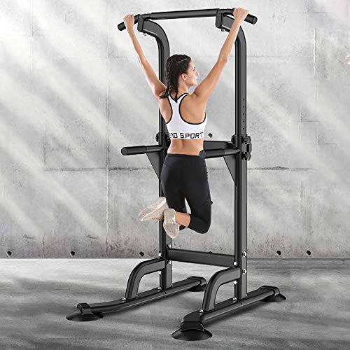 SogesPower Power Tower Dip Station Pull Up Bar for Home Gym Adjustable Height Strength Training Workout Equipment,Pull Up Bar Station - color: Black