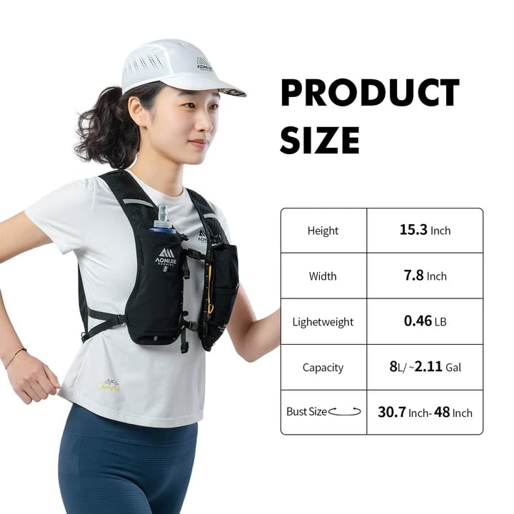 AONIJIE Running Hydration Vest for Men Women 8L Backpack with 500ml Soft Flask Water Bottle - style: Black( Ice Soft Flask)
