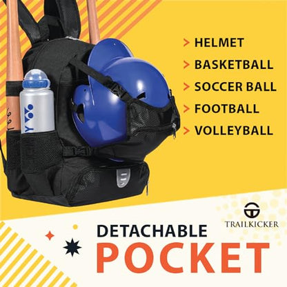 TRAILKICKER Baseball Bag for Boys and Girls Lightweight Youth Softball Backpack with Shoe Compartment and External Helmet Holder Durable and Waterproof